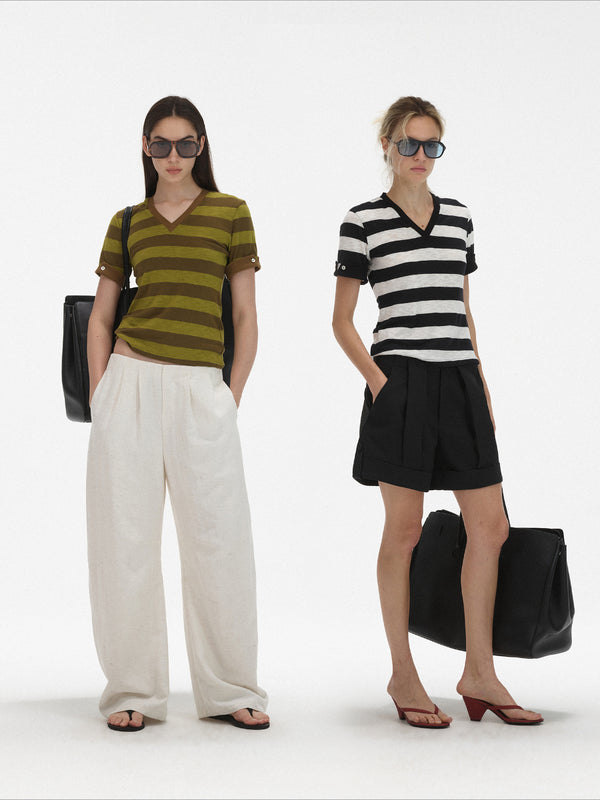 Vintage Striped V-Neck Slim SleeveT-Shirt