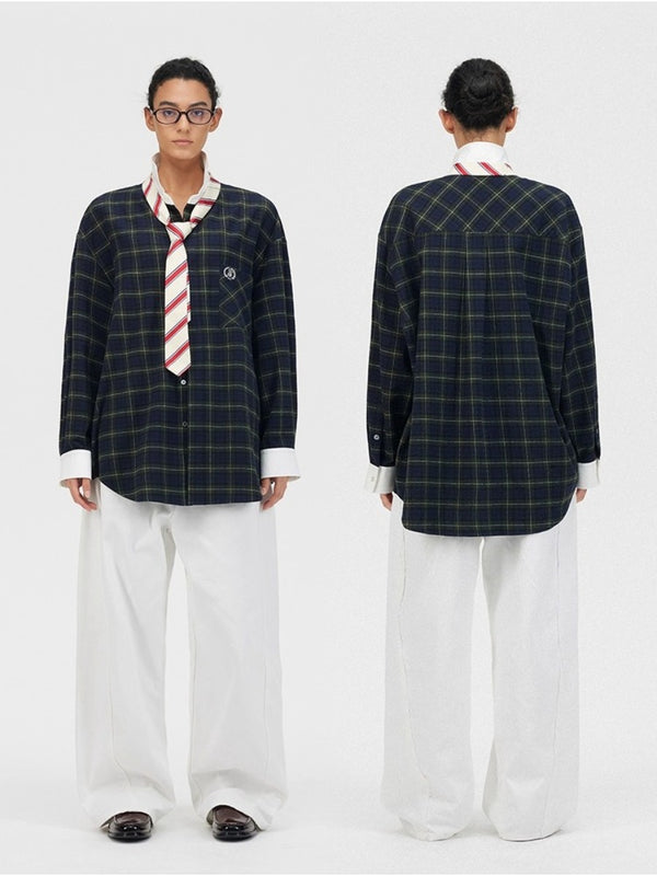 Contrasting Color Collar Embroidered Plaid Shirt