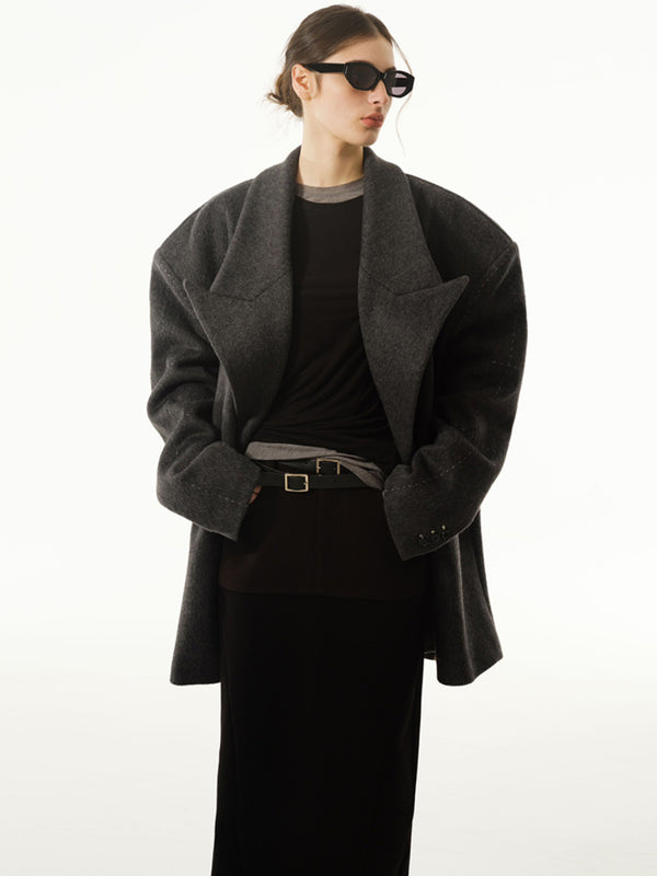 Peaked Lapel Silhouette Woolen Blazer Coat