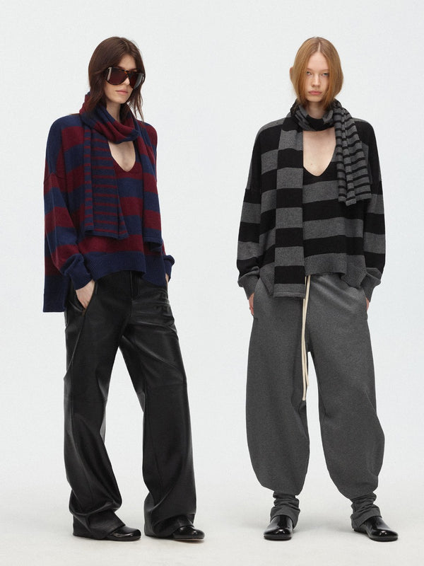 Deep V-neck Striped Loose Knitted Sweater Scarf Two-piece Set