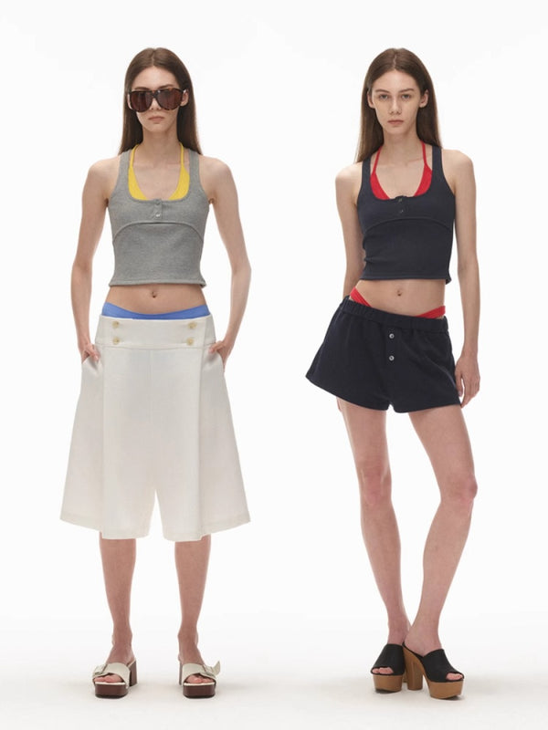 U Neck Henley Contrast Halter Layered Tank Top