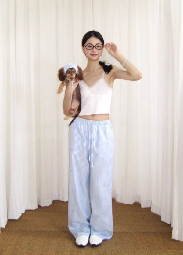 Blue Striped Embroidered Pants