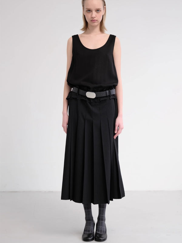 Black Tencel Lace Waist Pleated Sleeveless Dress