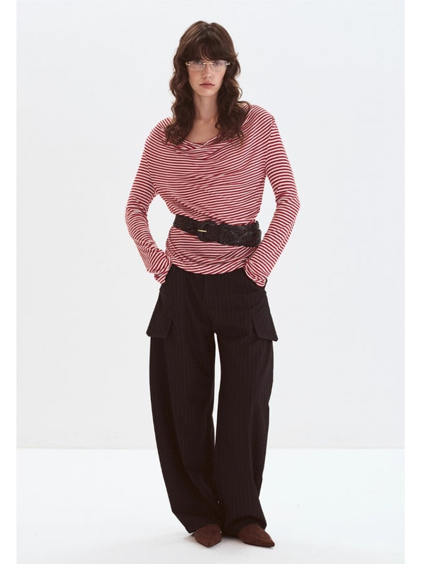 Striped Drawstring Collar Knitted Top