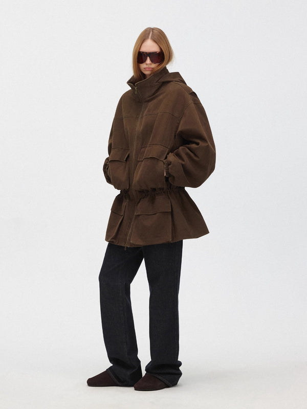 Washed Drawstring Waist Stand Collar Utility Padded Jacket
