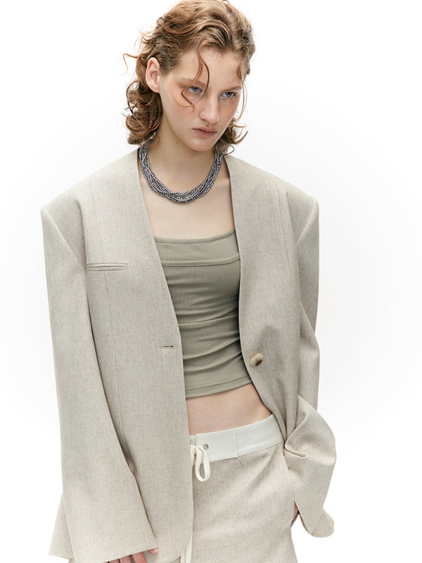 One-word Bag Collarless Linen Blazer