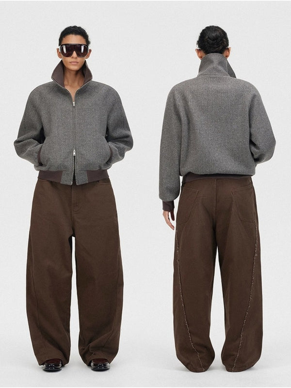 Herringbone Wool High Neck Curved Shoulder Jacket「NEW」