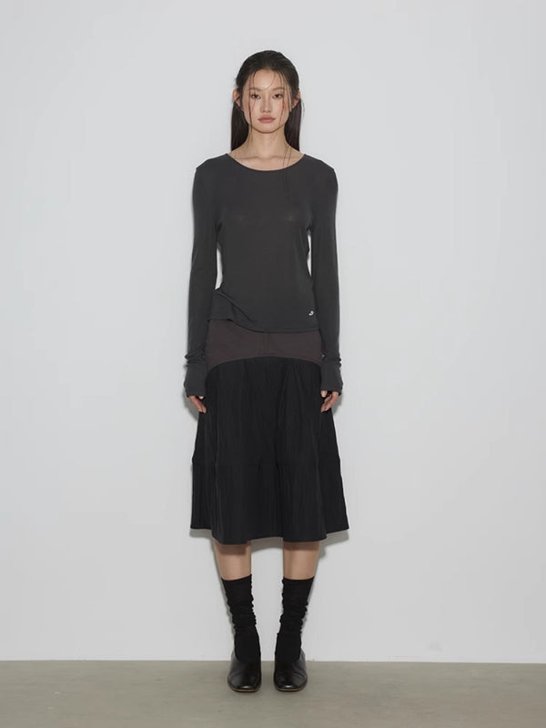 Constrasting Color Flared Midi Skirt「NEW」