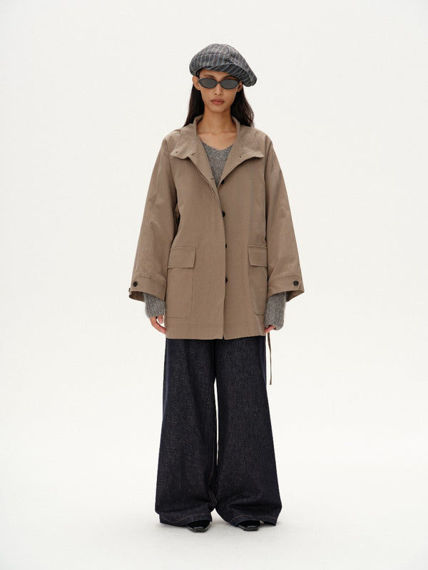 Khaki Stand-up Collar Short Trench Coat「NEW」