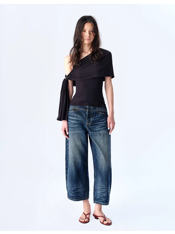 Vintage Washed Cropped Curved Blade Denim Jeans