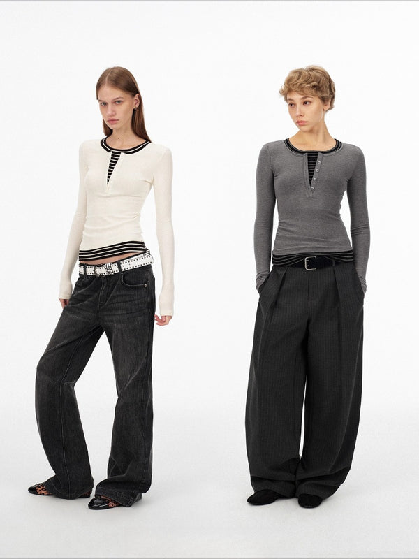 Fake Two-piece Henley Collar Long-sleeved Top「NEW」