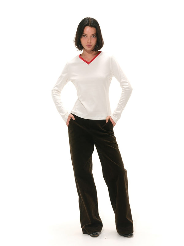 Red V-neck Long-sleeved T-shirt「NEW」