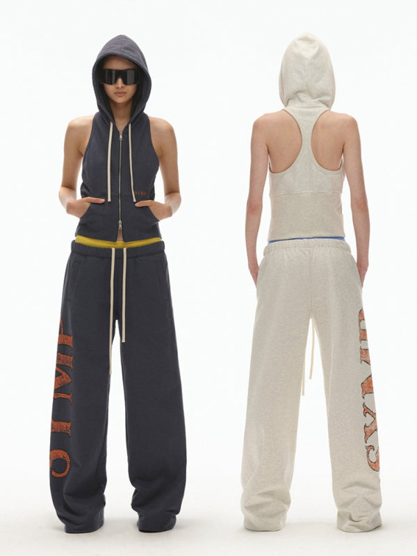 Wide Ribbed Pocket Hooded Zipper I-shaped Vest Sweater