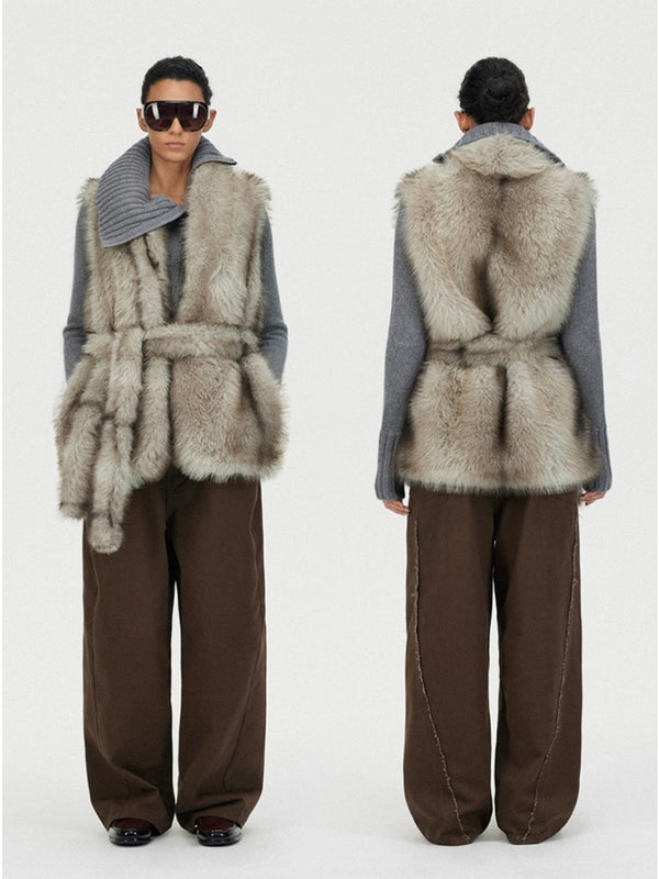 Retro Belted Long Faux Fur Vest「NEW」