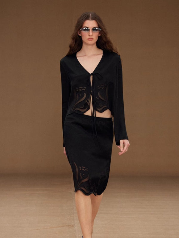 Satin Cutout Burnout Tie Front Top