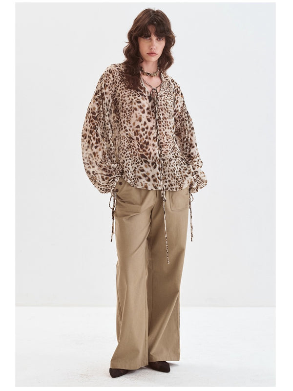 Retro Leopard Print Lace-up Top