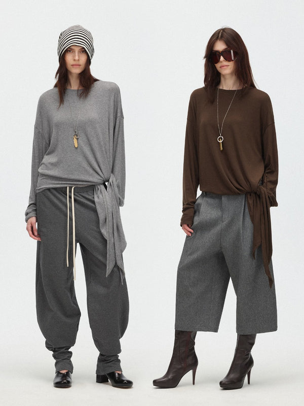 Asymmetric Side Slit Tie Round Neck Long Sleeve Shirt