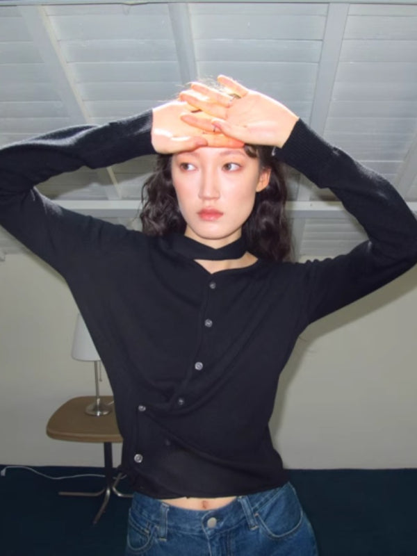 Ribbon Tie Wool Crew Neck Knit Long Sleeve Shirt