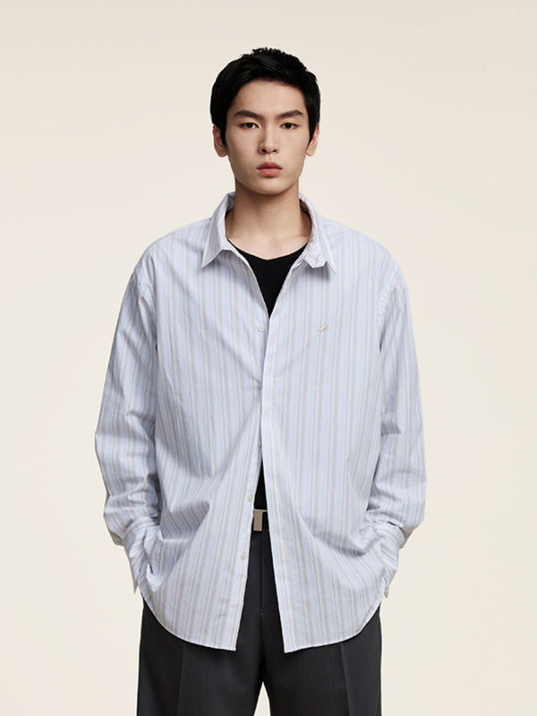 Striped Trap Placket Stand-up Collar Shirt