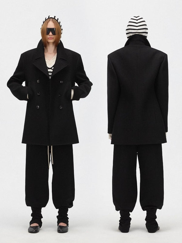 Double Breasted Wide Shoulder Belted Wool Coat
