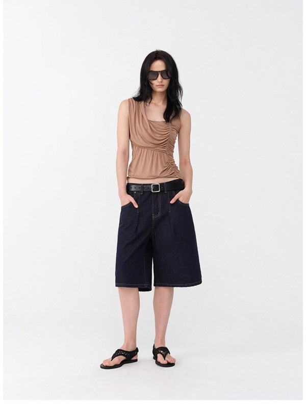 Retro Low Waist Wide Leg Denim Short Pants