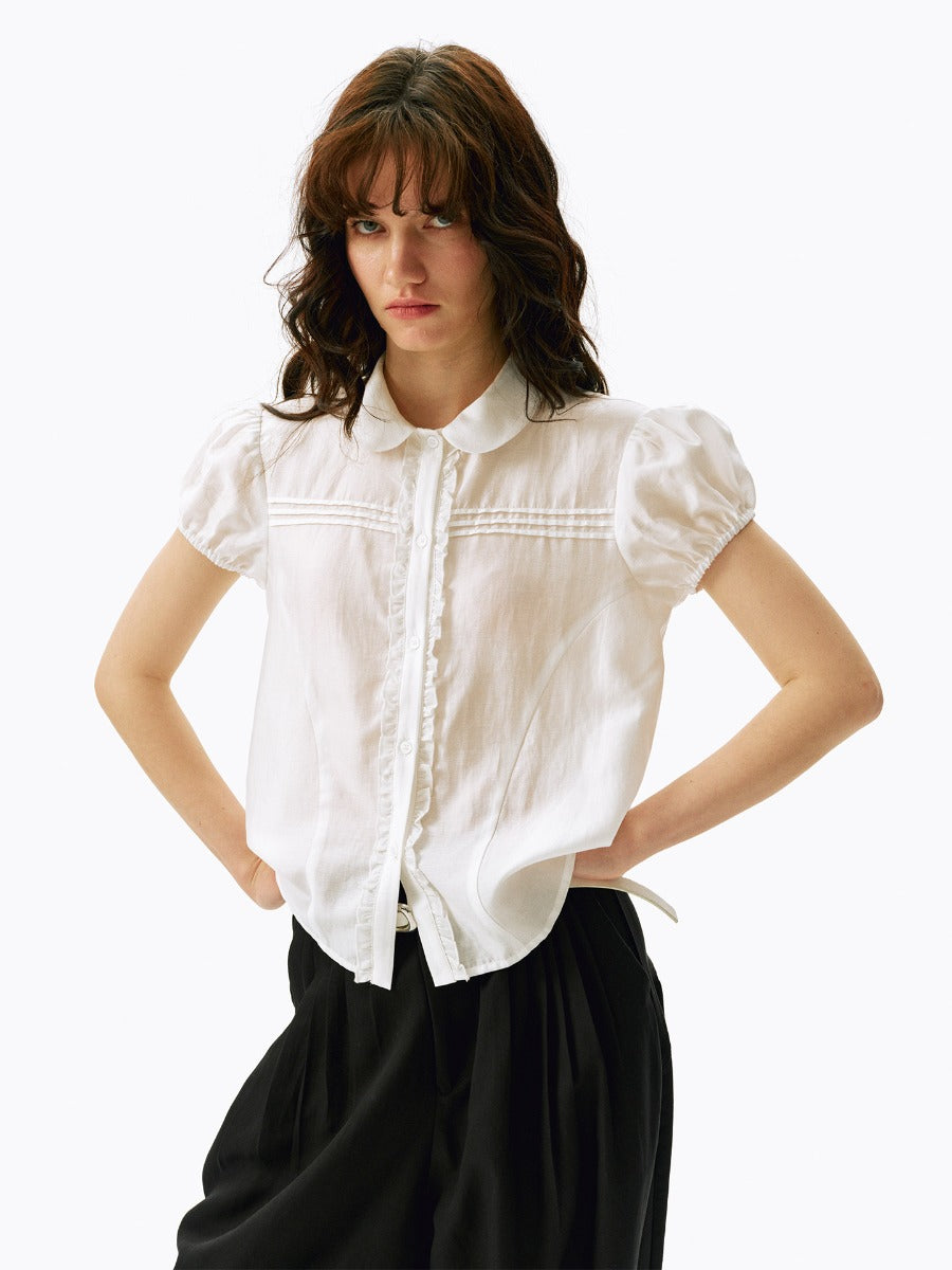 Cloudward Ruffled Collar Puff Sleeve Lyocell Linen Shirt