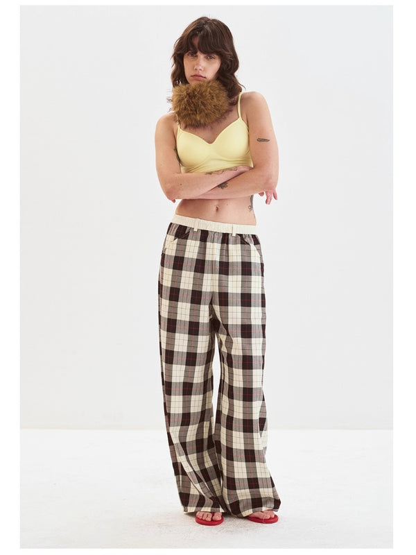 Retro Plaid Casual Pants with Patchwork Waistband