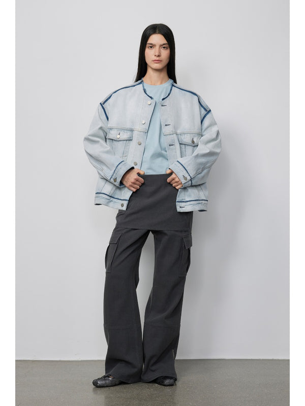Washed Cotton Collarless Denim Jacket