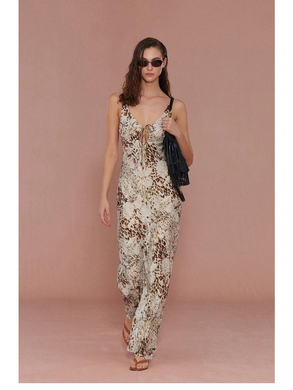 Holiday Collection - Leopard Satin Tie Strap Beaded Cami Maxi Dress